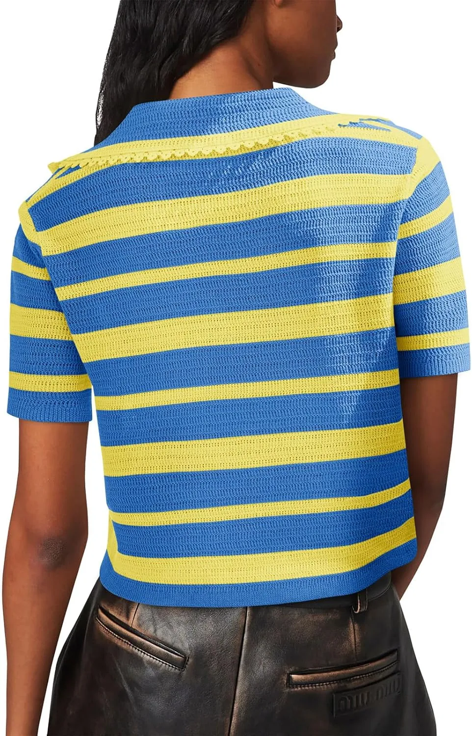 Saodimallsu Womens Cropped Striped Sweater Top Summer Short Sleeve V Neck Collared Going Out Trendy Loose Polo Shirt