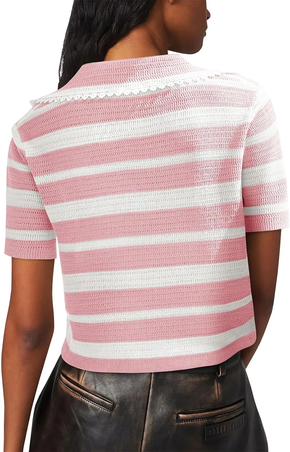 Saodimallsu Womens Cropped Striped Sweater Top Summer Short Sleeve V Neck Collared Going Out Trendy Loose Polo Shirt