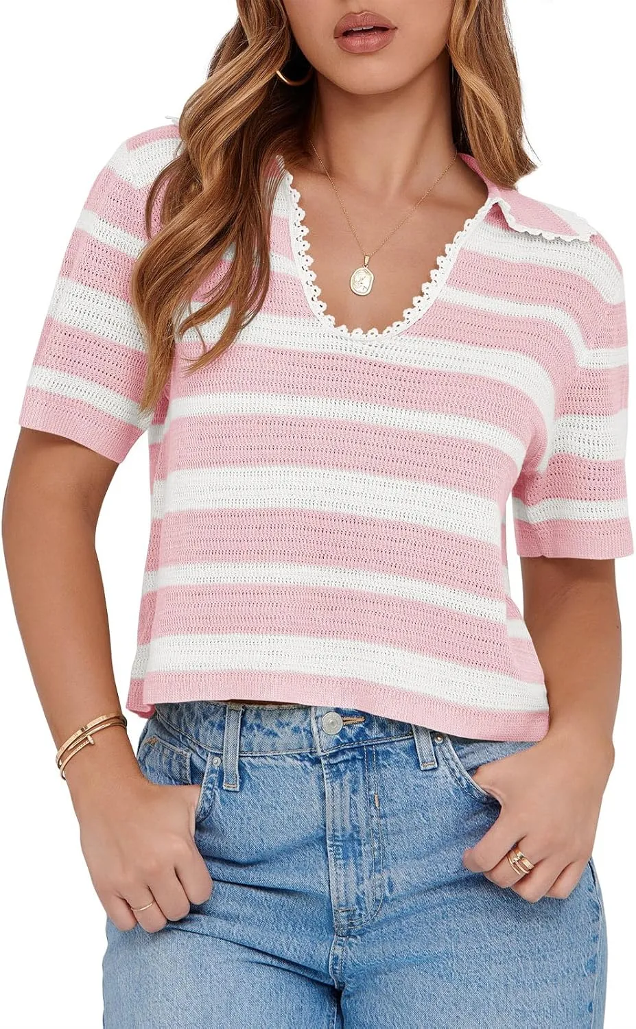 Saodimallsu Womens Cropped Striped Sweater Top Summer Short Sleeve V Neck Collared Going Out Trendy Loose Polo Shirt