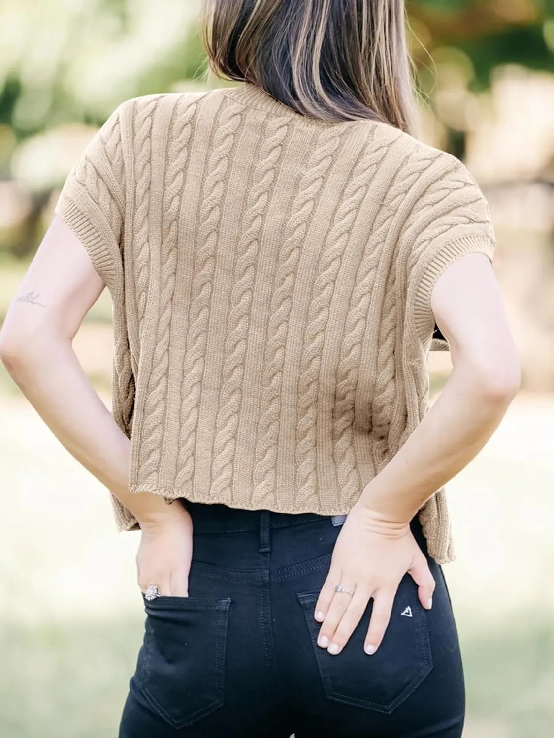 Saodimallsu Womens Summer Crewneck Crop Tops Casual Loose Fit Cable Knit Pullover Sweater