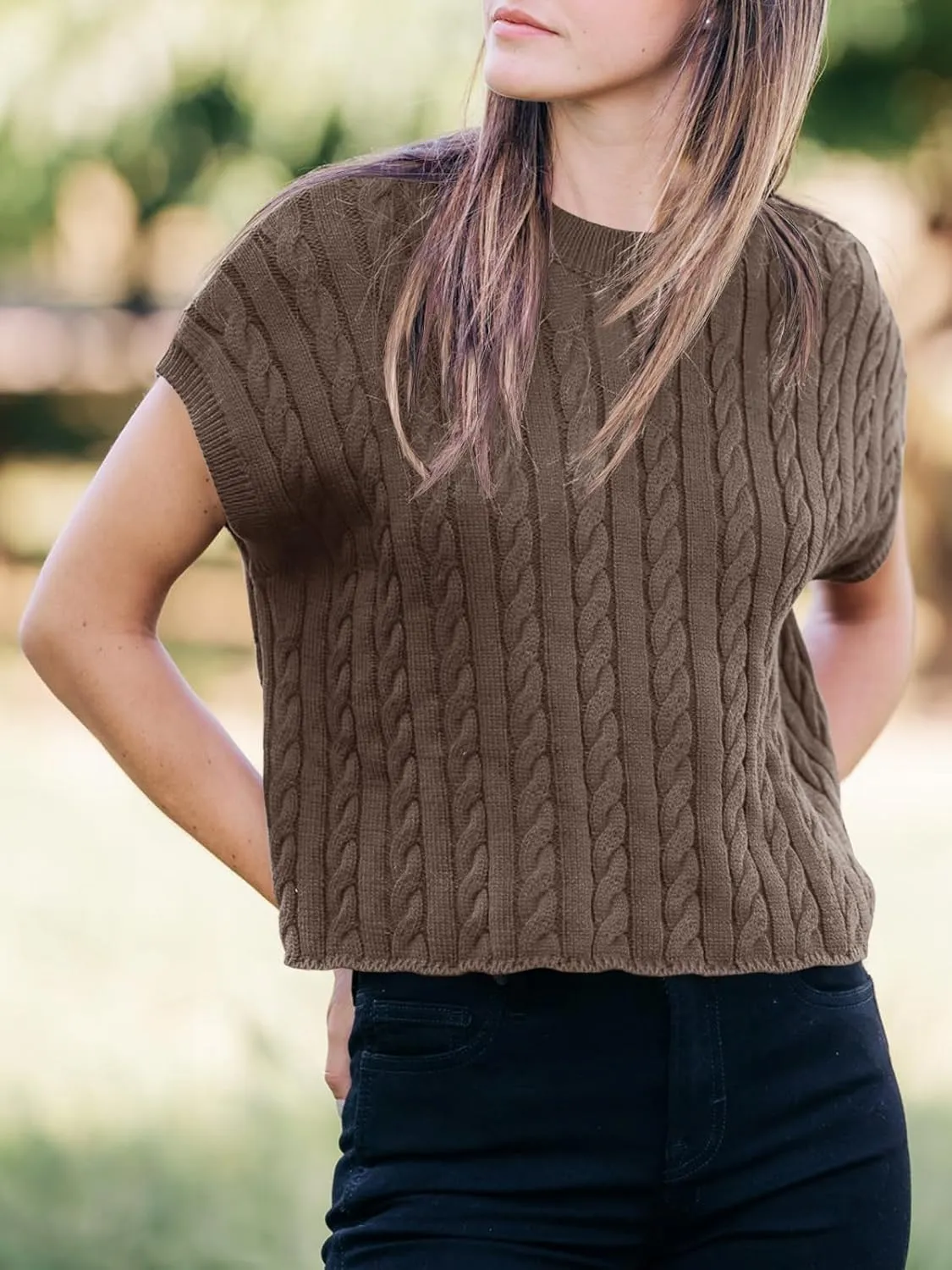 Saodimallsu Womens Summer Crewneck Crop Tops Casual Loose Fit Cable Knit Pullover Sweater