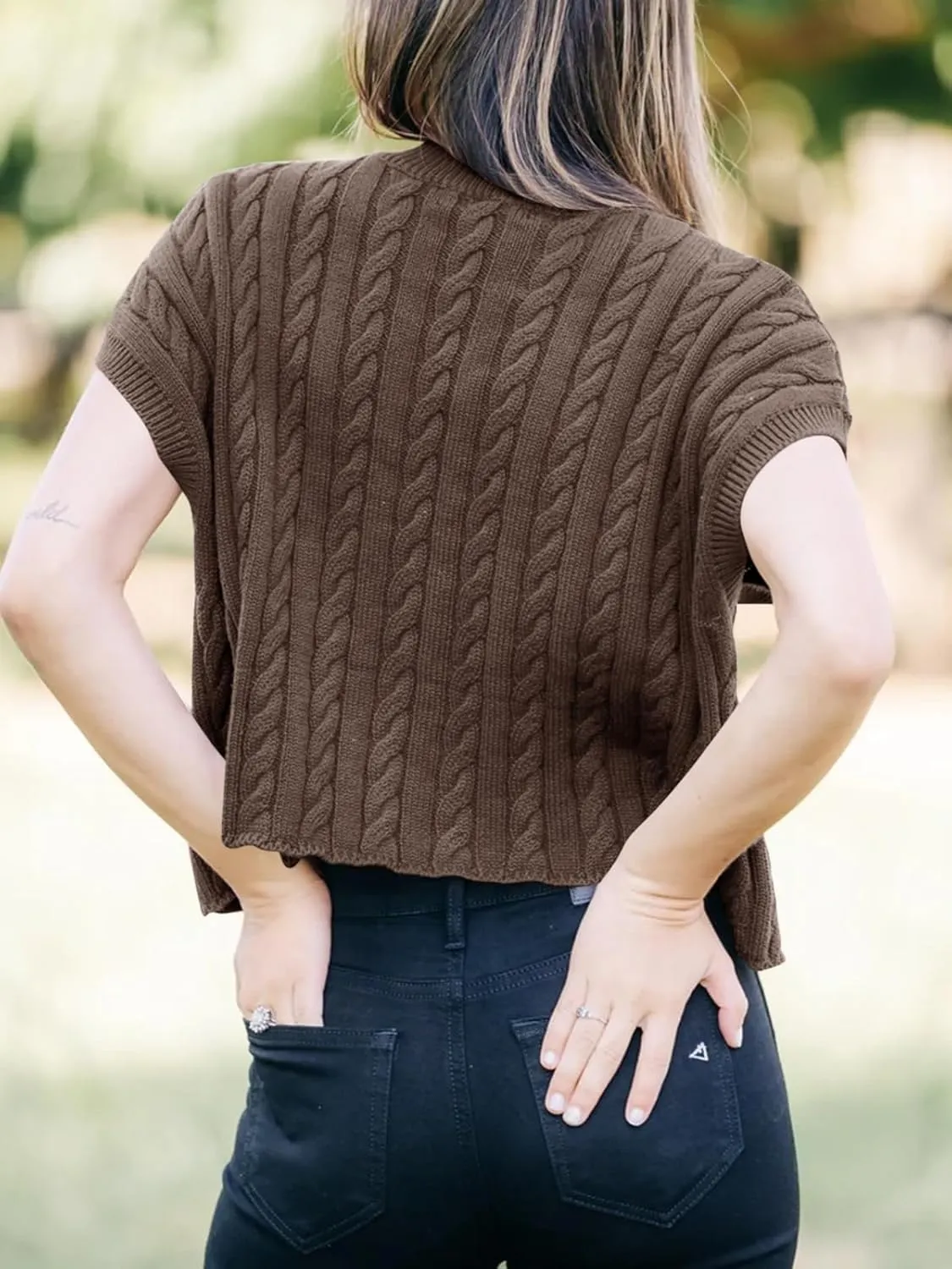 Saodimallsu Womens Summer Crewneck Crop Tops Casual Loose Fit Cable Knit Pullover Sweater