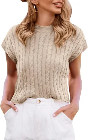 Saodimallsu Womens Summer Crewneck Crop Tops Casual Loose Fit Cable Knit Pullover Sweater