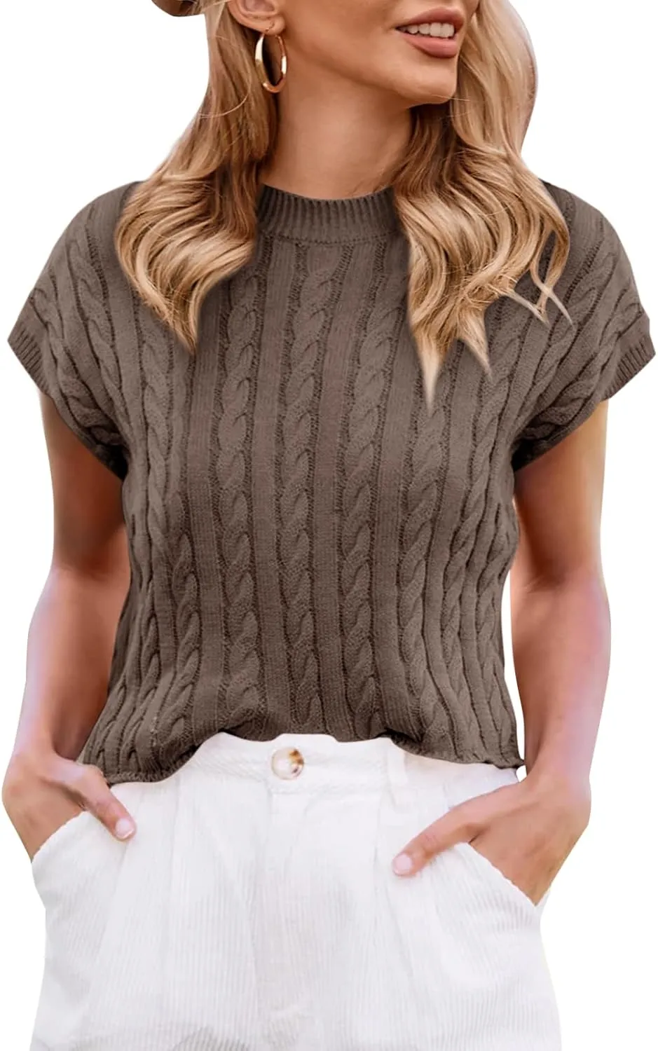 Saodimallsu Womens Summer Crewneck Crop Tops Casual Loose Fit Cable Knit Pullover Sweater
