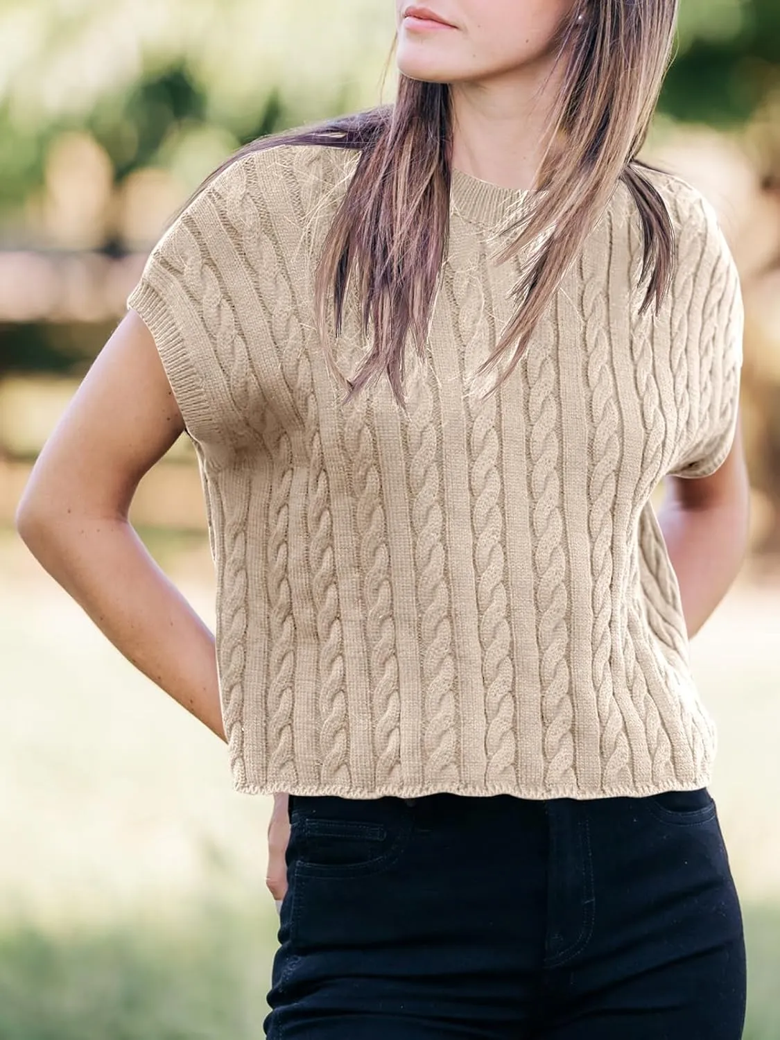 Saodimallsu Womens Summer Crewneck Crop Tops Casual Loose Fit Cable Knit Pullover Sweater