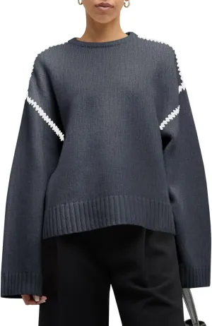 Saodimallsu Womens Sweaters Crewneck Long Sleeve Fall Chunky Knit Sweater Color Block Slouchy Loose Pullover Jumper Tops