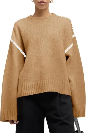 Saodimallsu Womens Sweaters Crewneck Long Sleeve Fall Chunky Knit Sweater Color Block Slouchy Loose Pullover Jumper Tops