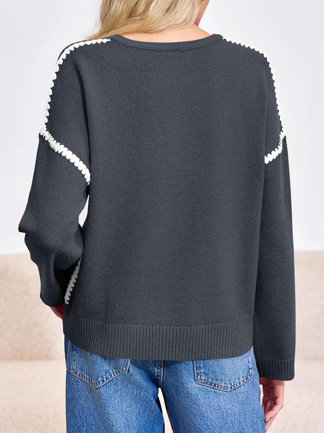 Saodimallsu Womens Sweaters Crewneck Long Sleeve Fall Chunky Knit Sweater Color Block Slouchy Loose Pullover Jumper Tops