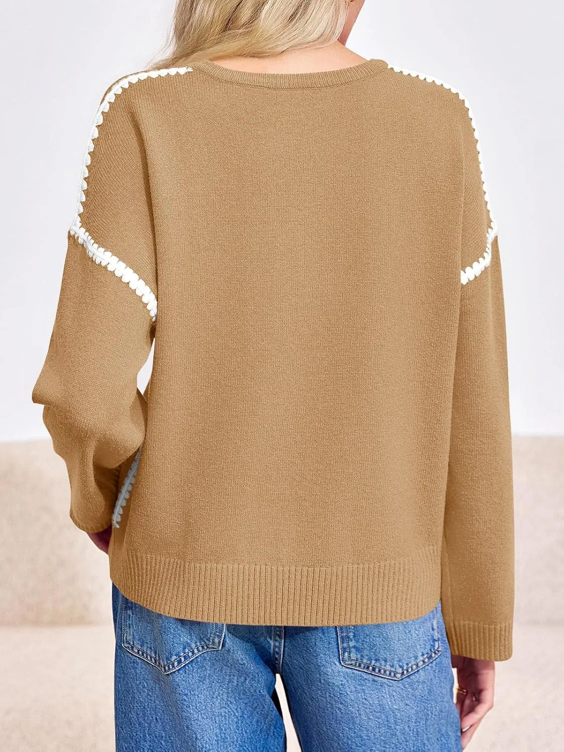 Saodimallsu Womens Sweaters Crewneck Long Sleeve Fall Chunky Knit Sweater Color Block Slouchy Loose Pullover Jumper Tops