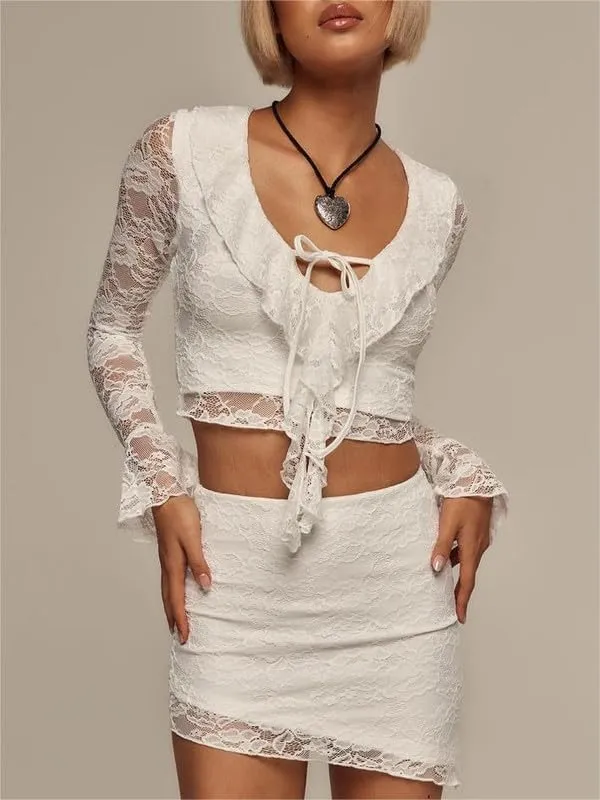 Sastianaen Women Lace Skirt Sets Y2k Off Shoulder Long Sleeve Crop Top Irregular Hem Bodycon Skirt Suit Trendy Outfit