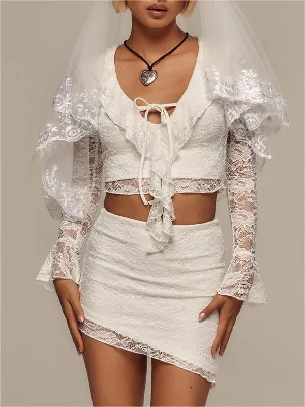 Sastianaen Women Lace Skirt Sets Y2k Off Shoulder Long Sleeve Crop Top Irregular Hem Bodycon Skirt Suit Trendy Outfit