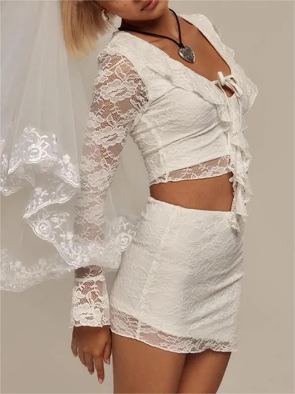 Sastianaen Women Lace Skirt Sets Y2k Off Shoulder Long Sleeve Crop Top Irregular Hem Bodycon Skirt Suit Trendy Outfit