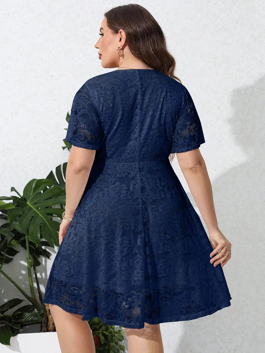 SCOMCHIC Women Plus Size Lace Cocktail Dresses Faux Wrap V Neck Short Sleeve Flowy A Line Wedding Guest Midi Dress