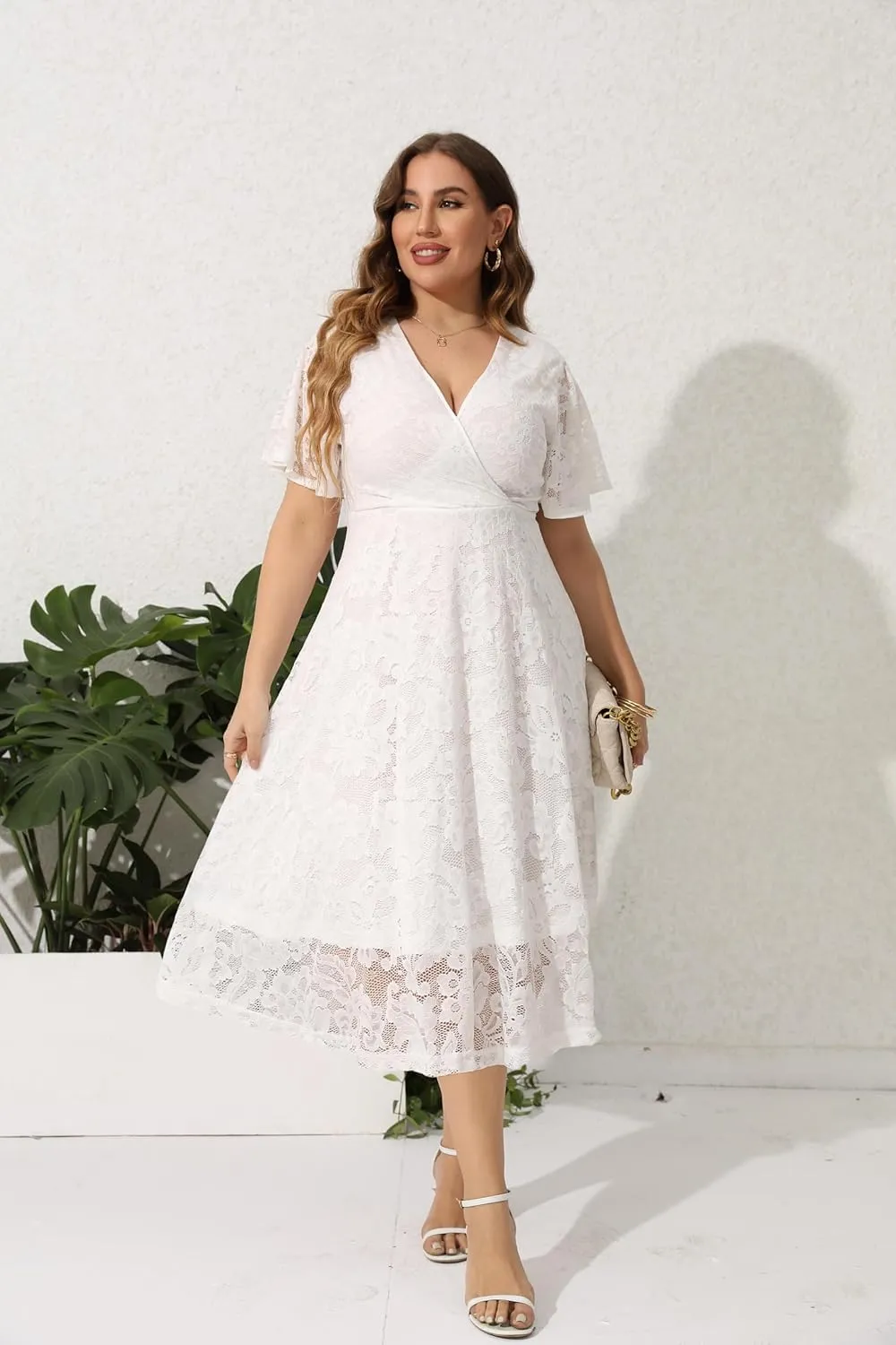 SCOMCHIC Women Plus Size Lace Cocktail Dresses Faux Wrap V Neck Short Sleeve Flowy A Line Wedding Guest Midi Dress