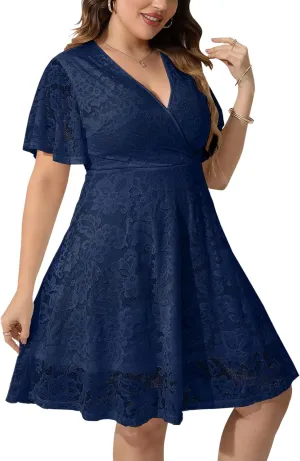 SCOMCHIC Women Plus Size Lace Cocktail Dresses Faux Wrap V Neck Short Sleeve Flowy A Line Wedding Guest Midi Dress