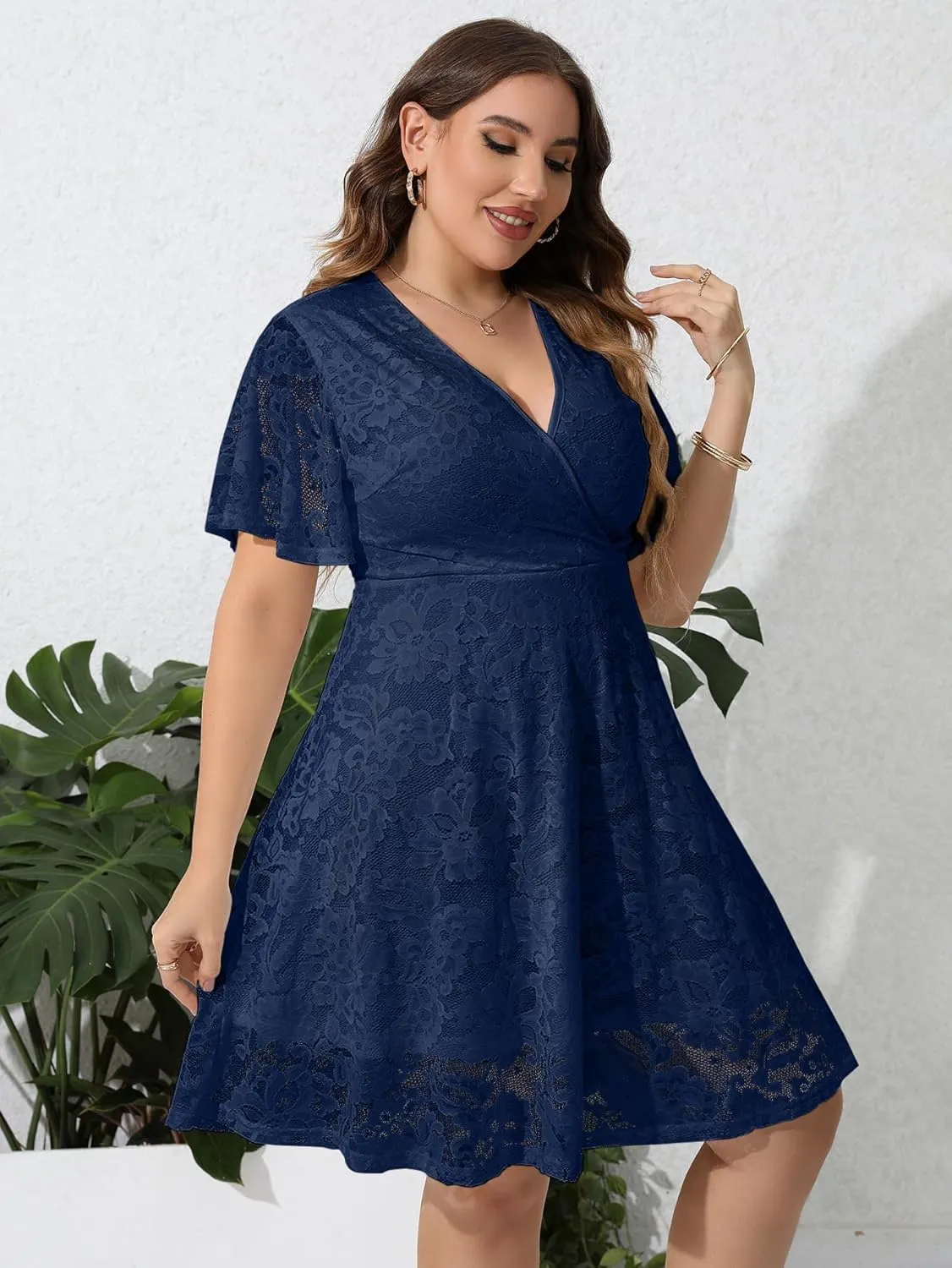 SCOMCHIC Women Plus Size Lace Cocktail Dresses Faux Wrap V Neck Short Sleeve Flowy A Line Wedding Guest Midi Dress