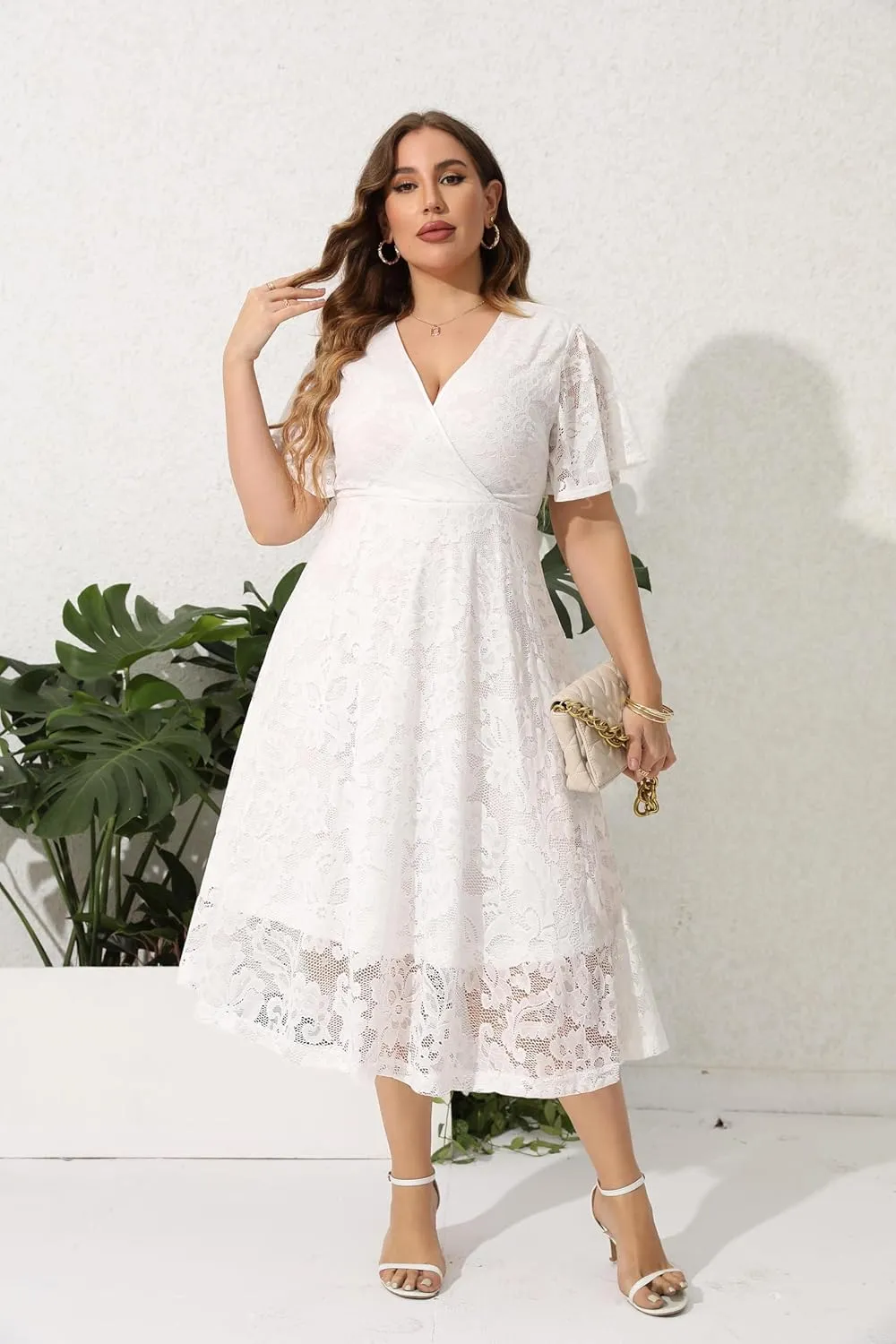 SCOMCHIC Women Plus Size Lace Cocktail Dresses Faux Wrap V Neck Short Sleeve Flowy A Line Wedding Guest Midi Dress