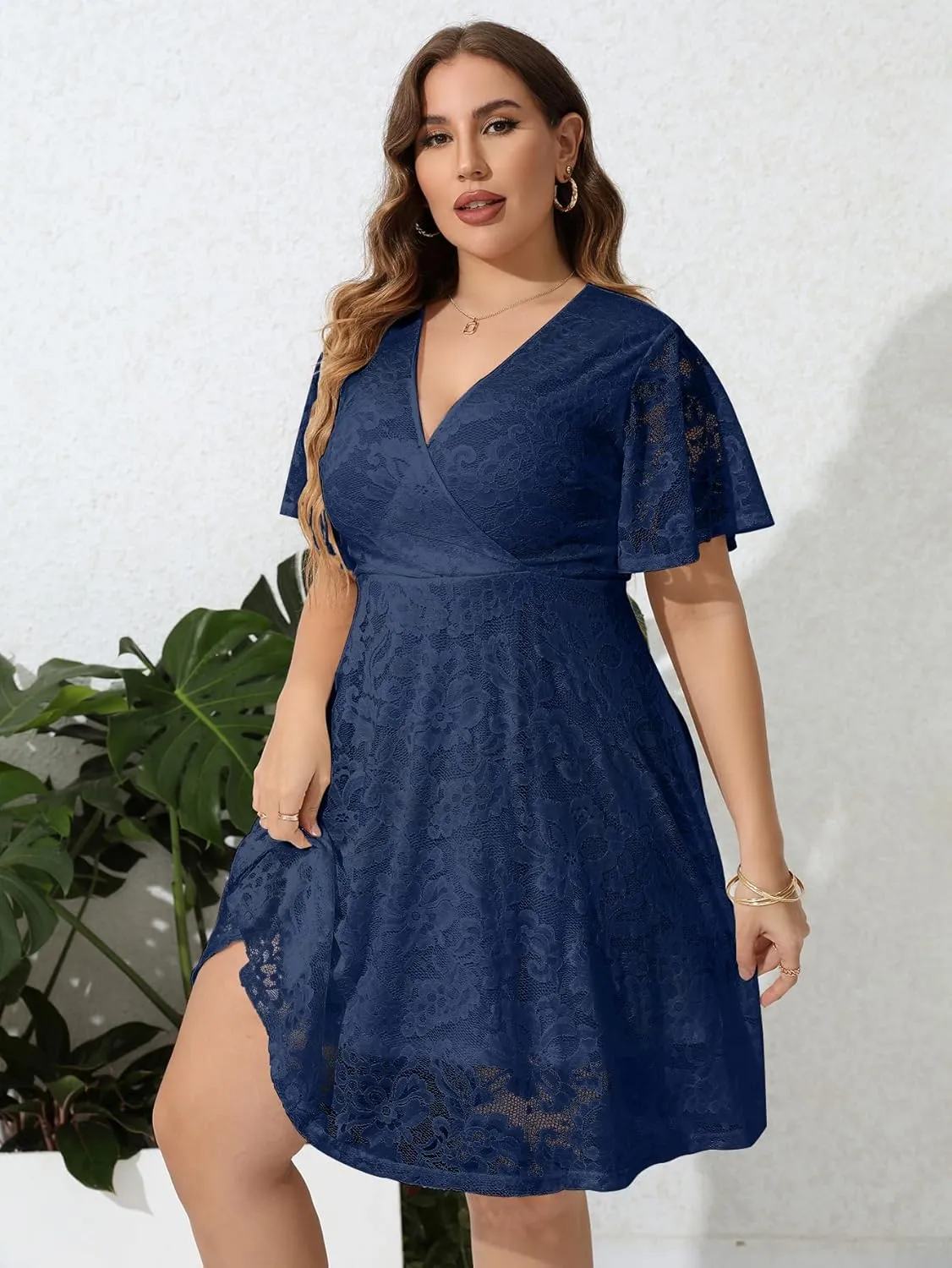 SCOMCHIC Women Plus Size Lace Cocktail Dresses Faux Wrap V Neck Short Sleeve Flowy A Line Wedding Guest Midi Dress