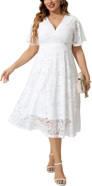 SCOMCHIC Women Plus Size Lace Cocktail Dresses Faux Wrap V Neck Short Sleeve Flowy A Line Wedding Guest Midi Dress