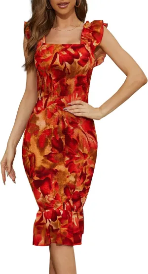 SENFURE Women's Summer Casual Midi Smocked Bodycon Dresses Puff Sleeve Square Neck Ruffle Mermaid Cocktail Dress