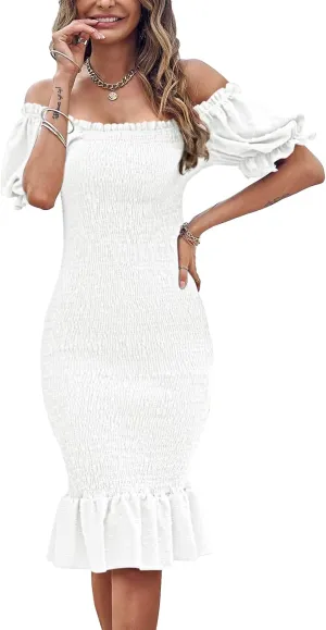 SENFURE Women's Summer Casual Midi Smocked Bodycon Dresses Puff Sleeve Square Neck Ruffle Mermaid Cocktail Dress