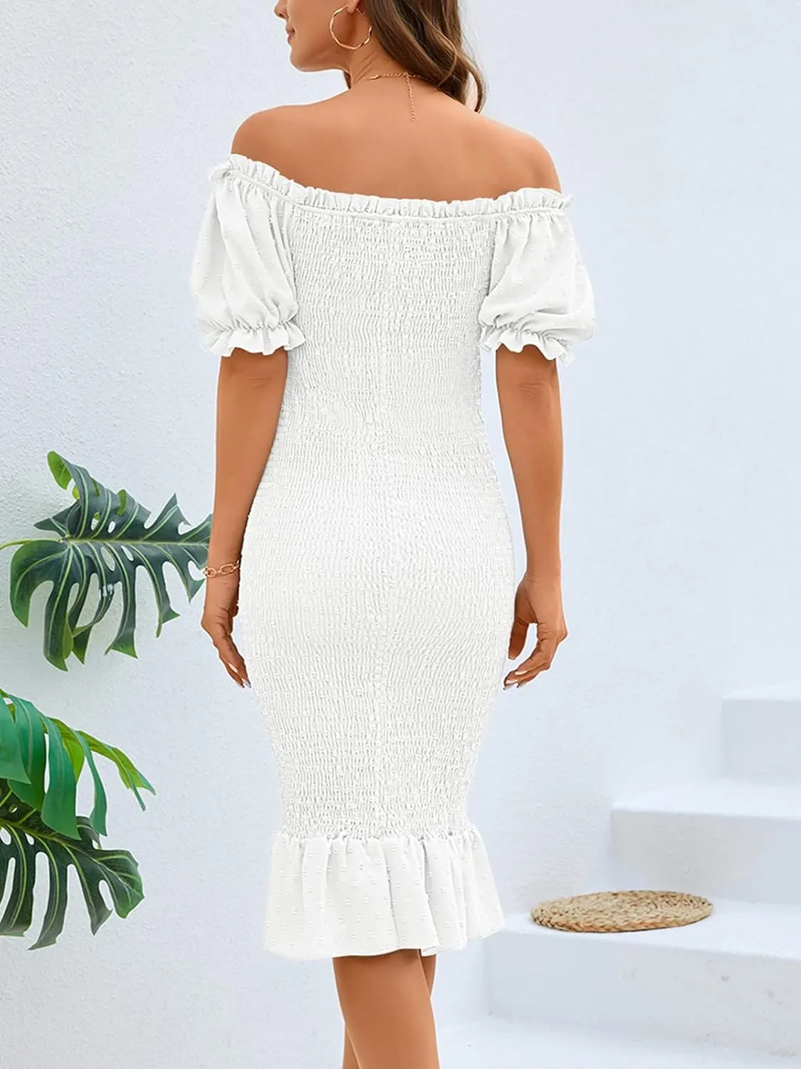 SENFURE Women's Summer Casual Midi Smocked Bodycon Dresses Puff Sleeve Square Neck Ruffle Mermaid Cocktail Dress