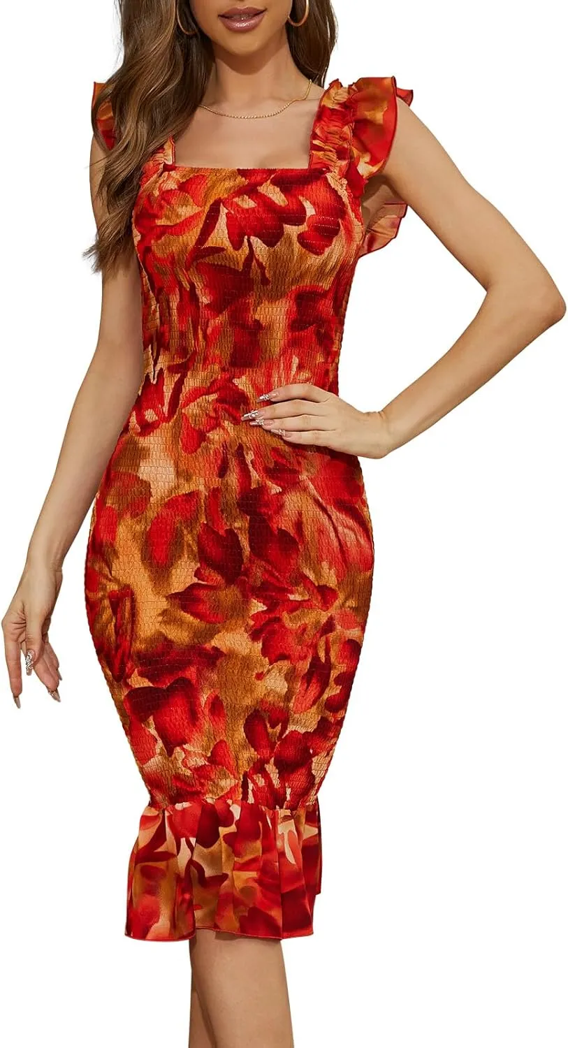 SENFURE Women's Summer Casual Midi Smocked Bodycon Dresses Puff Sleeve Square Neck Ruffle Mermaid Cocktail Dress