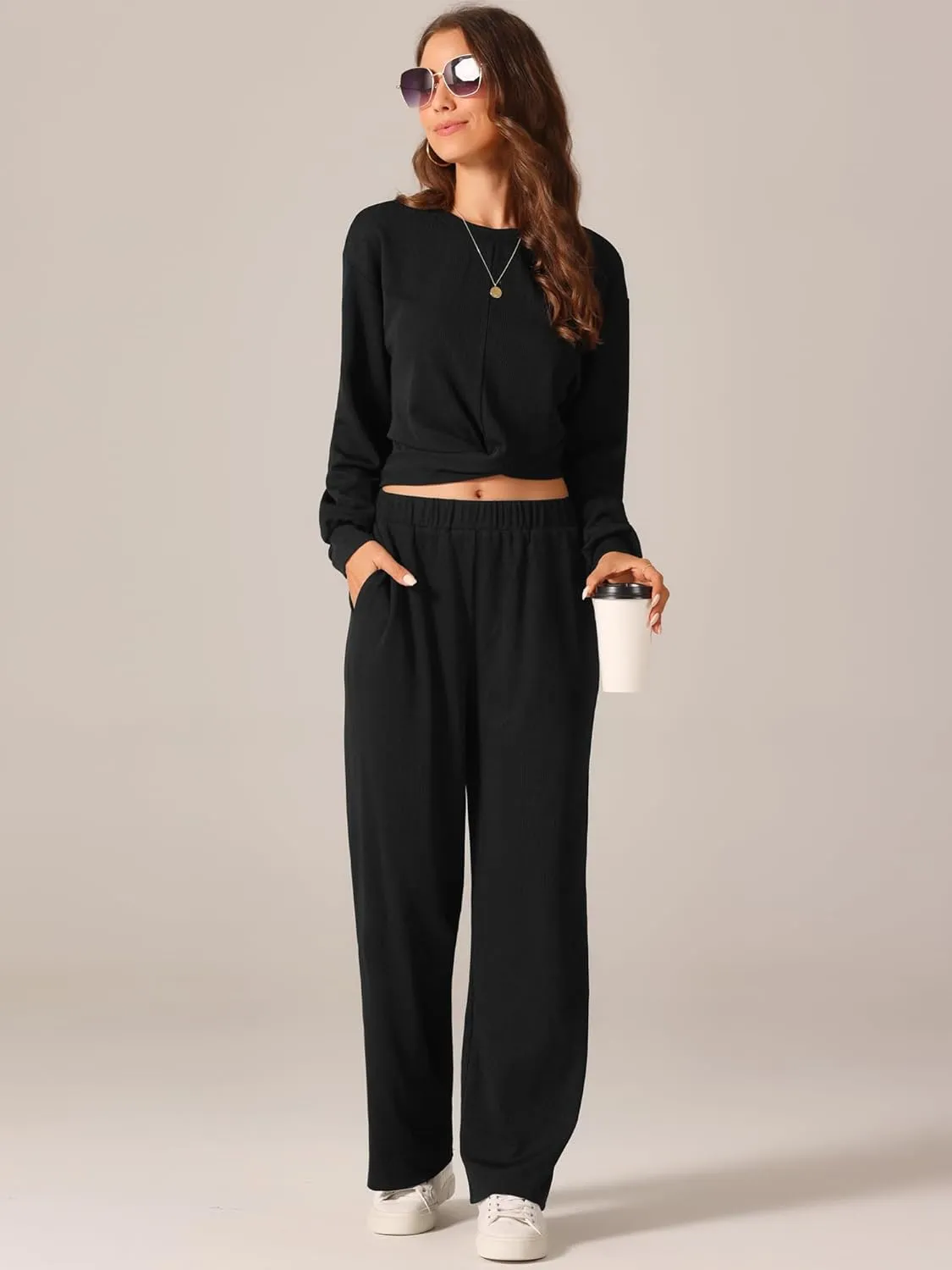 Seta T Women's Two Piece Outfits Sweatsuit Set Front Cropped Sweatshirt Wide Leg Sweatpant Tracksuit Lounge Sets