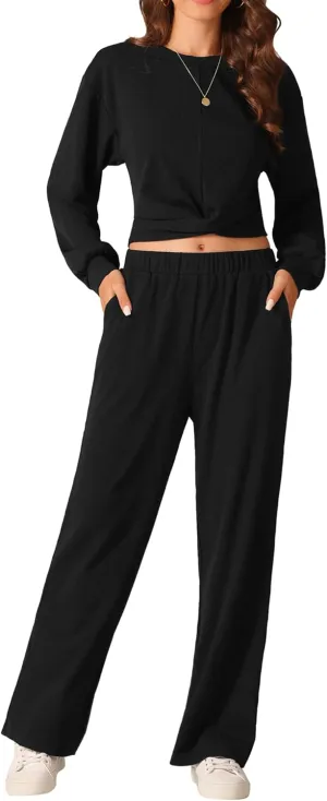 Seta T Women's Two Piece Outfits Sweatsuit Set Front Cropped Sweatshirt Wide Leg Sweatpant Tracksuit Lounge Sets