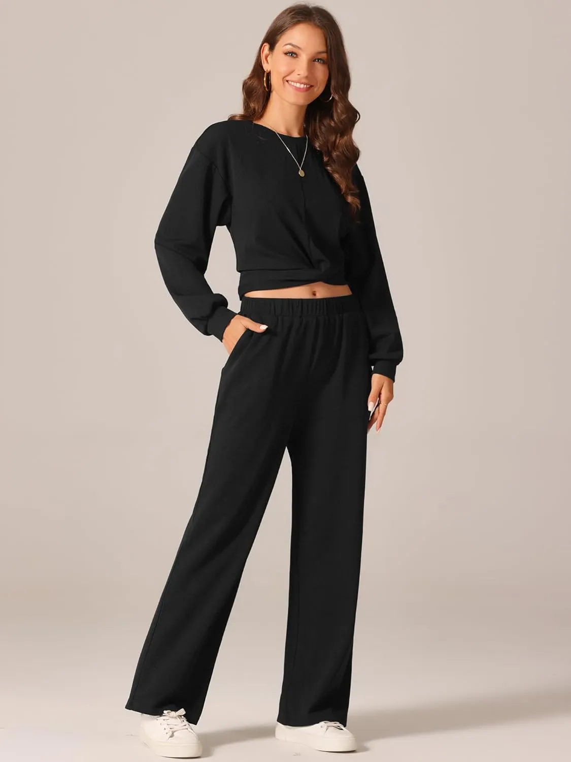 Seta T Women's Two Piece Outfits Sweatsuit Set Front Cropped Sweatshirt Wide Leg Sweatpant Tracksuit Lounge Sets
