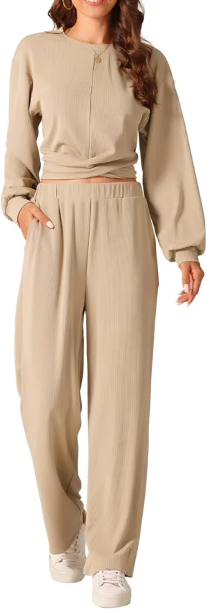 Seta T Women's Two Piece Outfits Sweatsuit Set Front Cropped Sweatshirt Wide Leg Sweatpant Tracksuit Lounge Sets