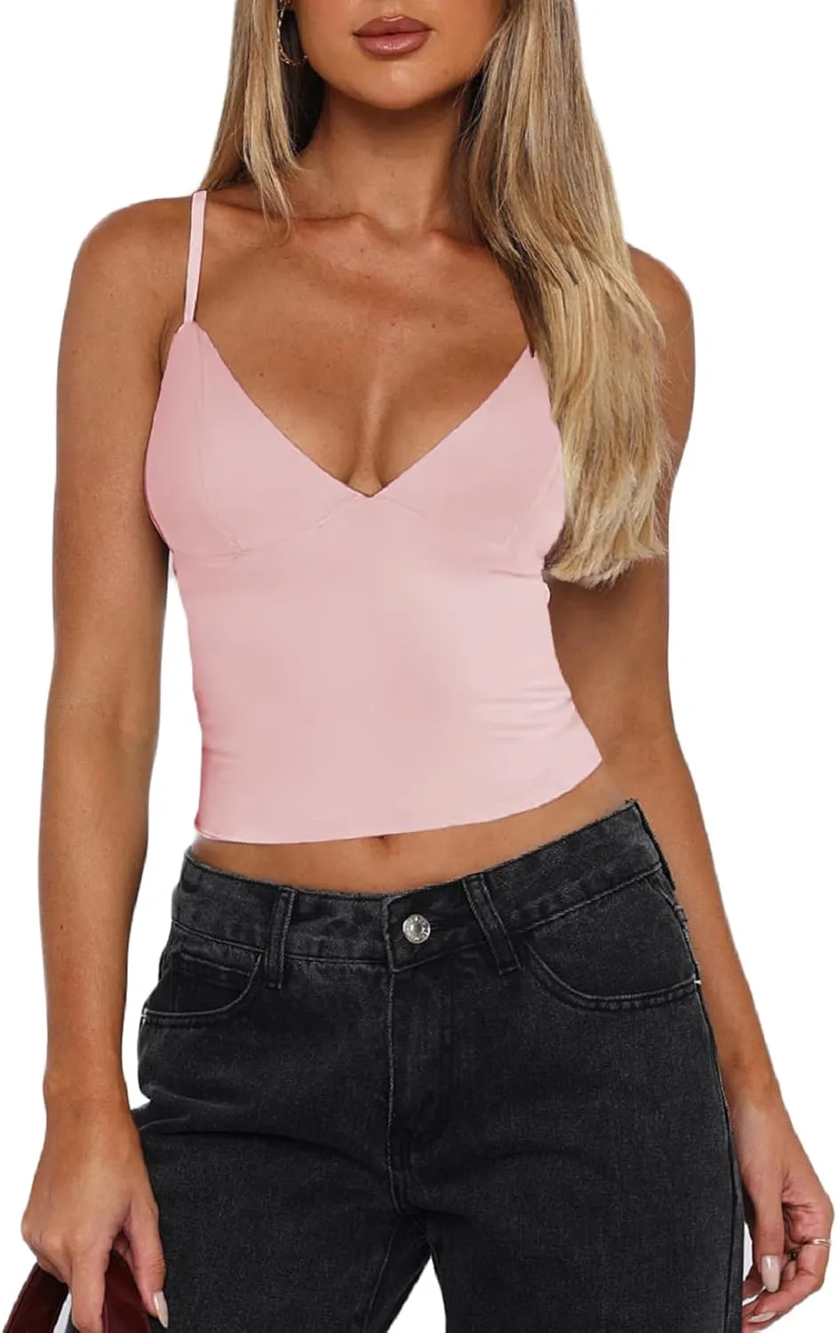 Sexy Deep V Neck Tank Tops Women Y2K Going Out Crop Tops Spaghetti Strap Sleeveless Backless Cami Crop Tanks