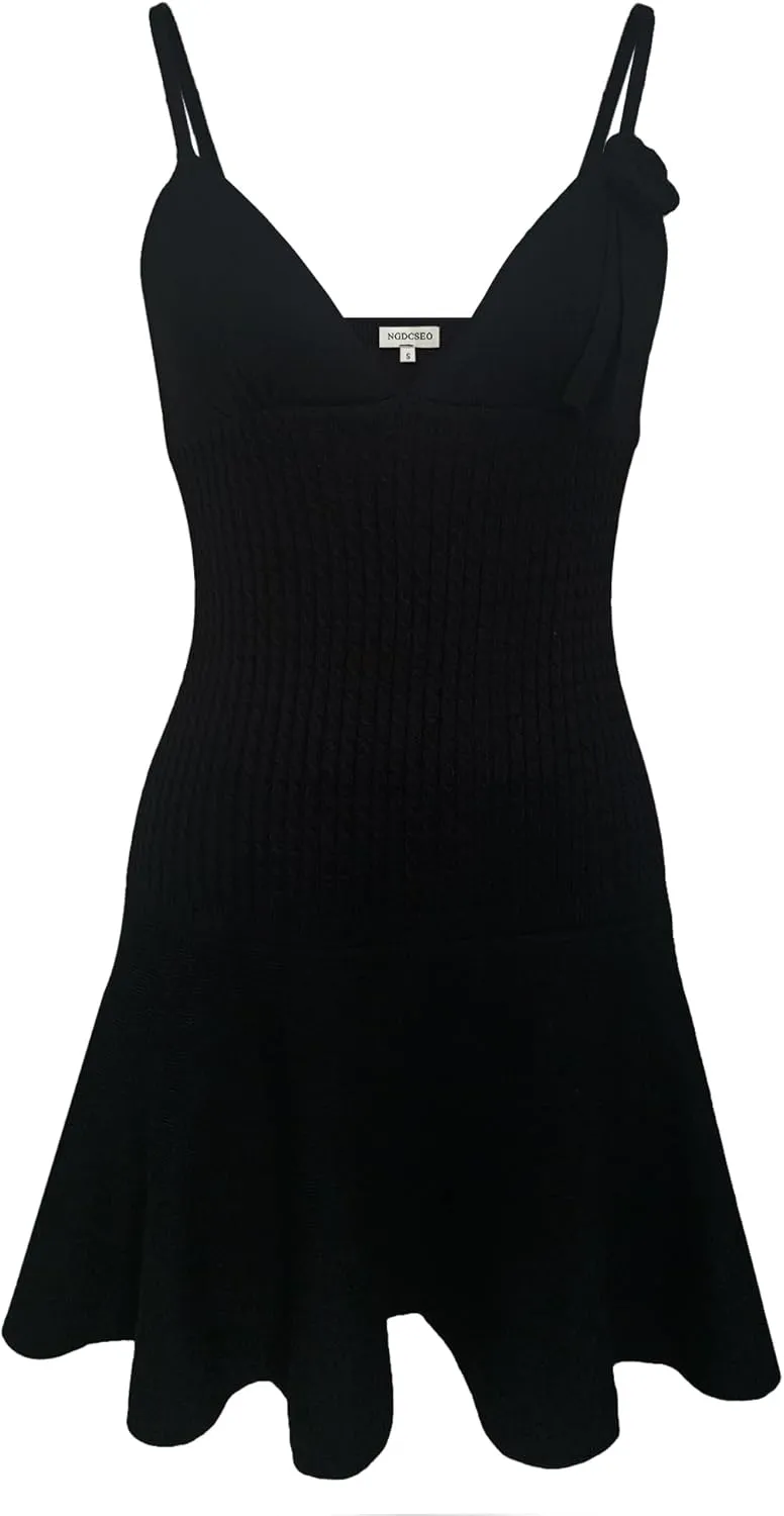 Sexy Sling Dress for Women V-Neck Backless Flower Knit Pleated Beach Casual Vacation Party Mini Dresses