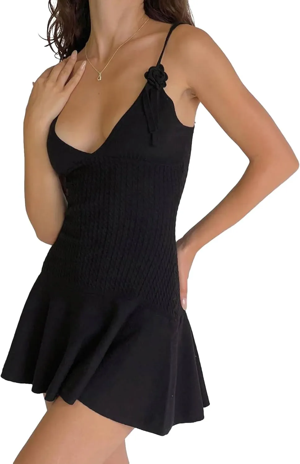 Sexy Sling Dress for Women V-Neck Backless Flower Knit Pleated Beach Casual Vacation Party Mini Dresses