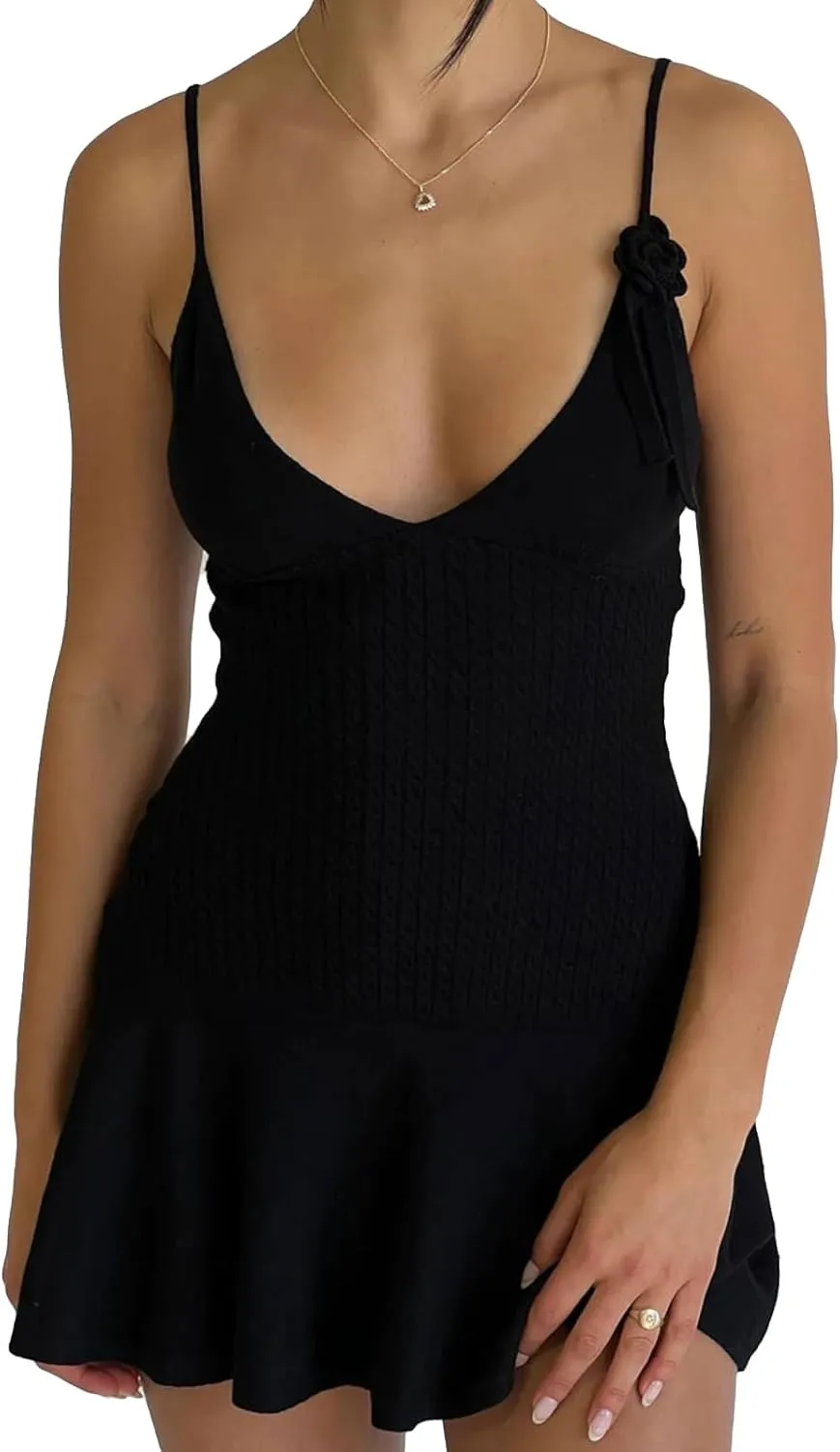 Sexy Sling Dress for Women V-Neck Backless Flower Knit Pleated Beach Casual Vacation Party Mini Dresses