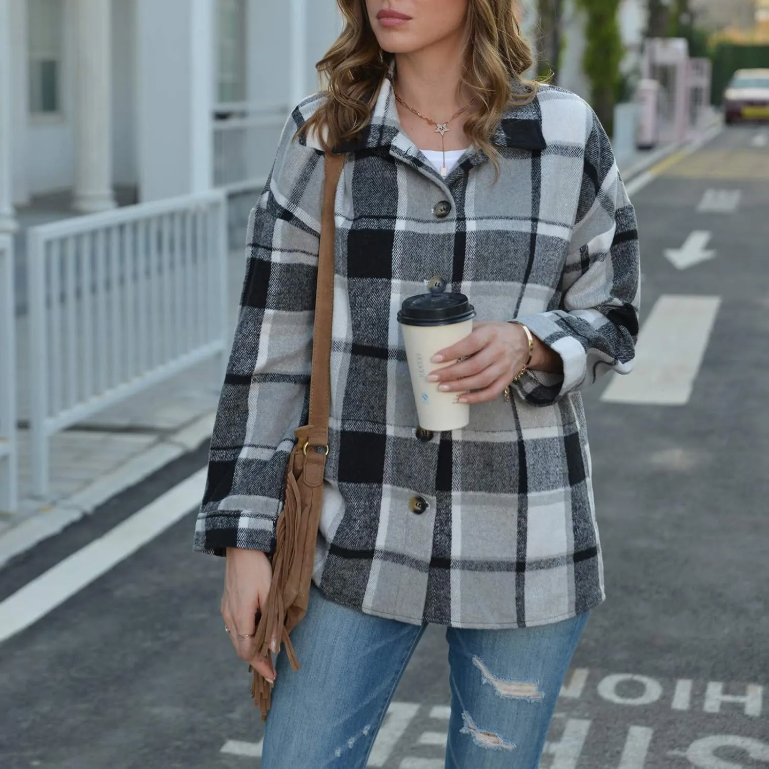 Shacket Jacket Women Casual Flannel Plaid Long Sleeve Lapel Button Down Shirts Fall Wool Blend Coat with Pockets