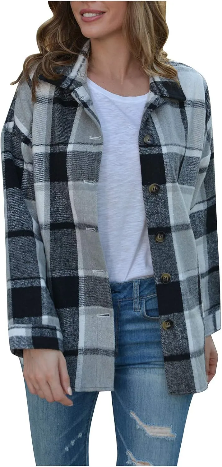 Shacket Jacket Women Casual Flannel Plaid Long Sleeve Lapel Button Down Shirts Fall Wool Blend Coat with Pockets