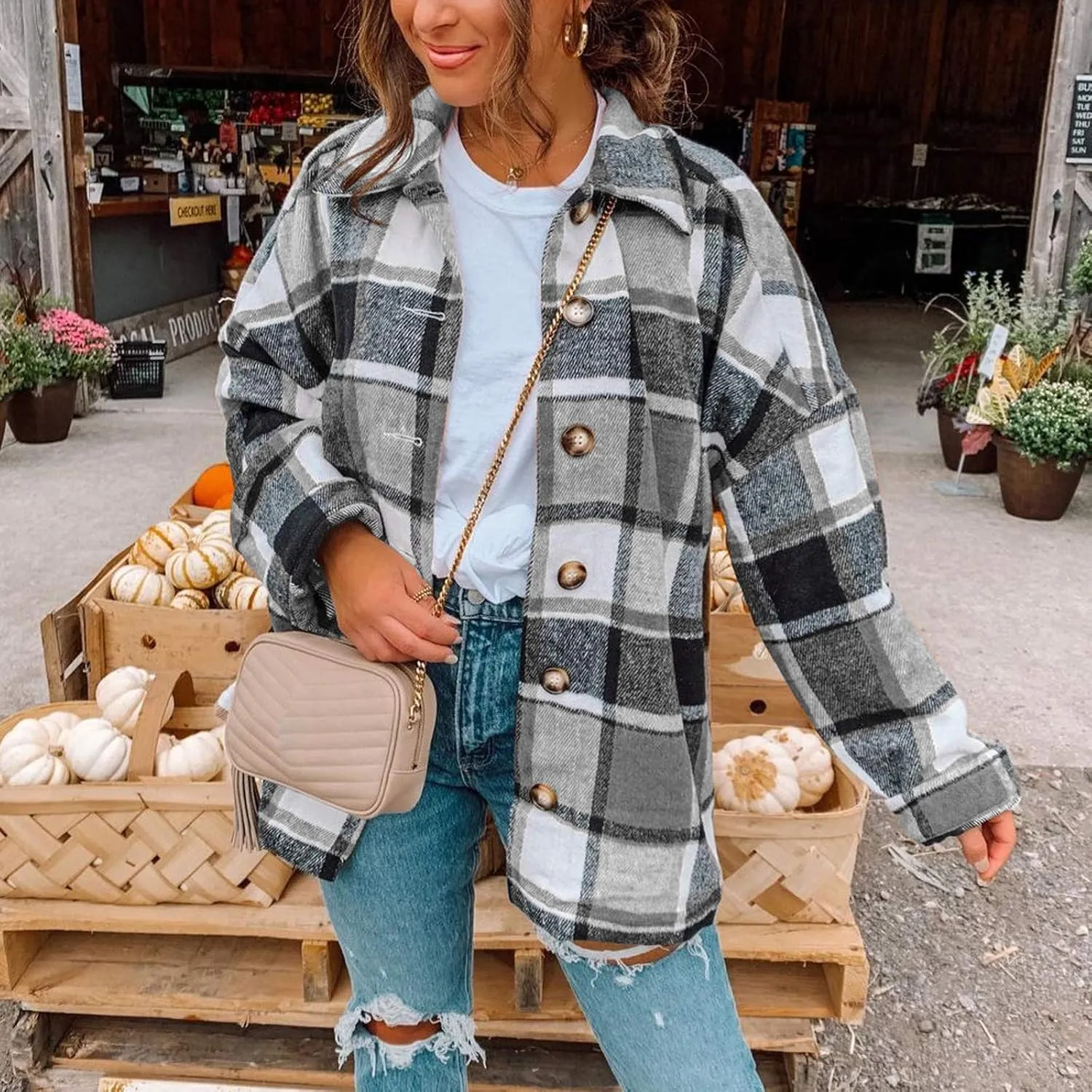 Shacket Jacket Women Casual Flannel Plaid Long Sleeve Lapel Button Down Shirts Fall Wool Blend Coat with Pockets
