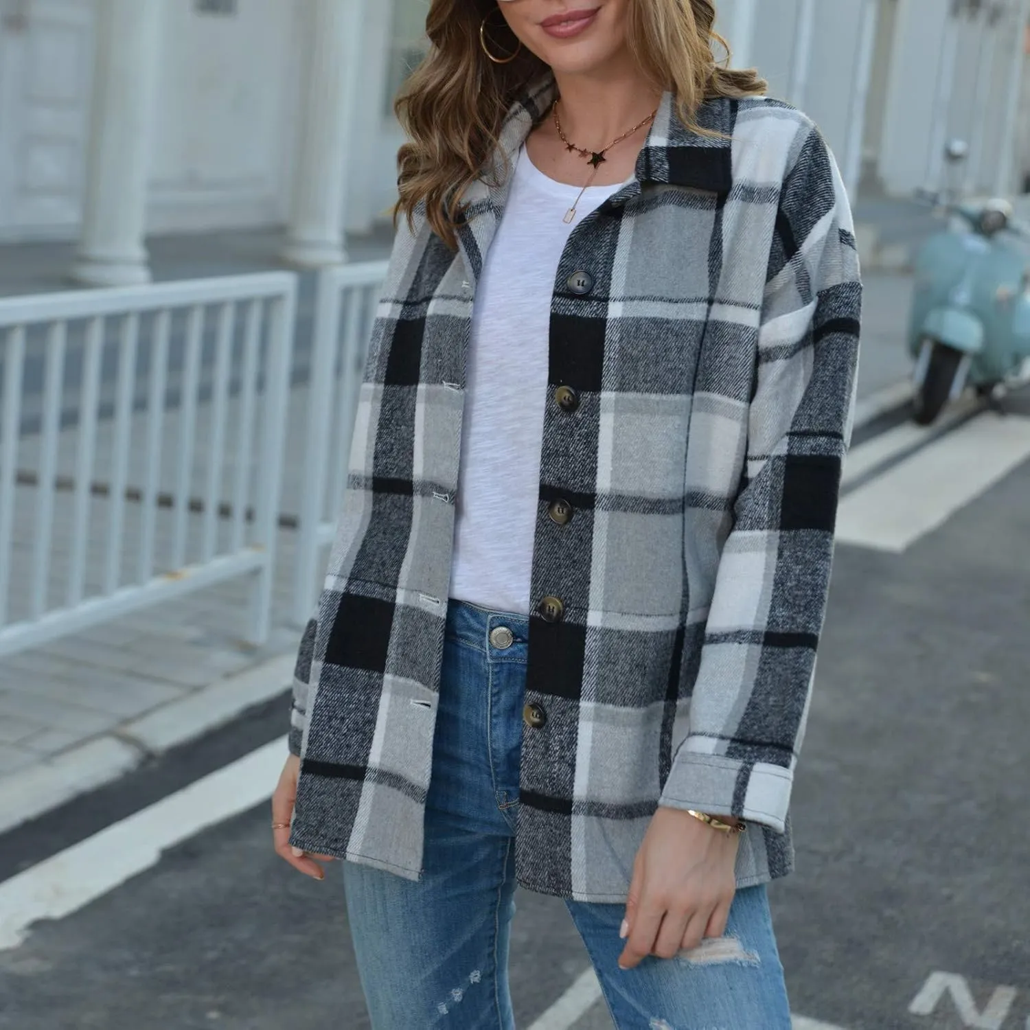 Shacket Jacket Women Casual Flannel Plaid Long Sleeve Lapel Button Down Shirts Fall Wool Blend Coat with Pockets