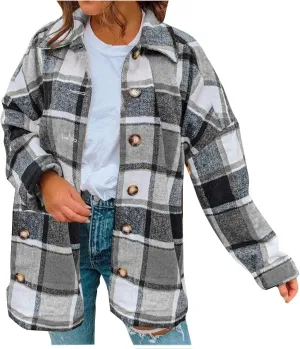 Shacket Jacket Women Casual Flannel Plaid Long Sleeve Lapel Button Down Shirts Fall Wool Blend Coat with Pockets