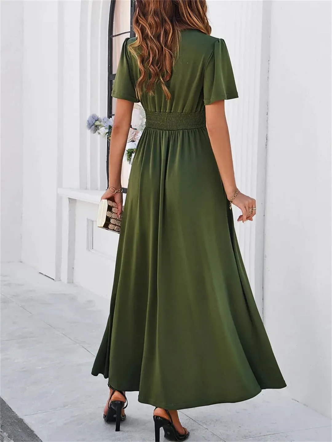 Short Sleeve Ruched Slim Fit Dress Women Deep V-Neck Summer Elegant Party Mini Dresses