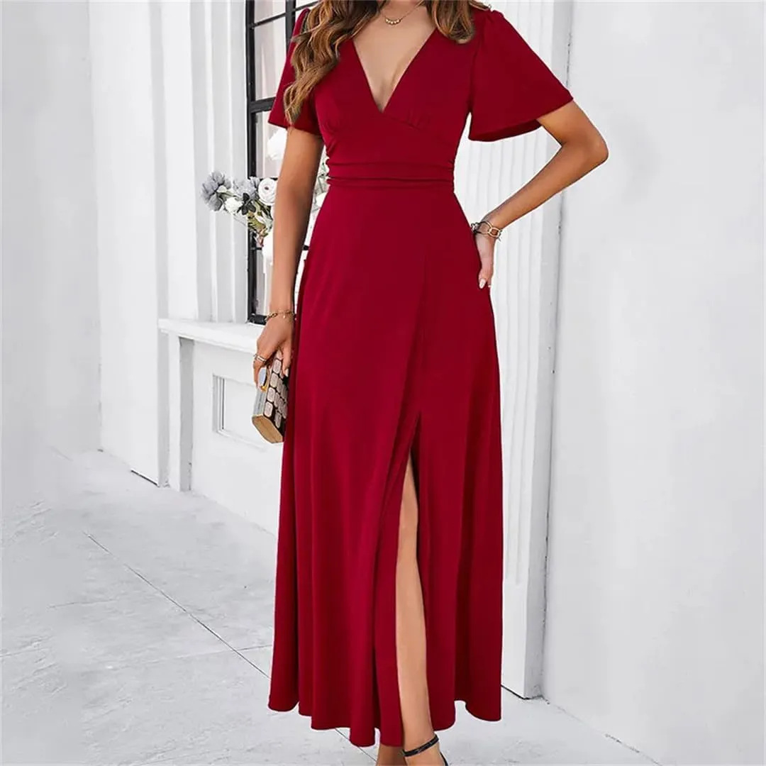 Short Sleeve Ruched Slim Fit Dress Women Deep V-Neck Summer Elegant Party Mini Dresses