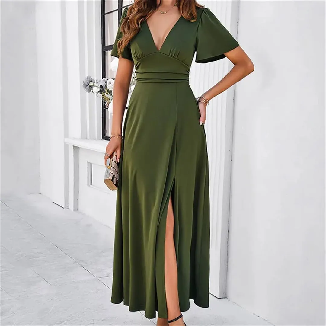 Short Sleeve Ruched Slim Fit Dress Women Deep V-Neck Summer Elegant Party Mini Dresses