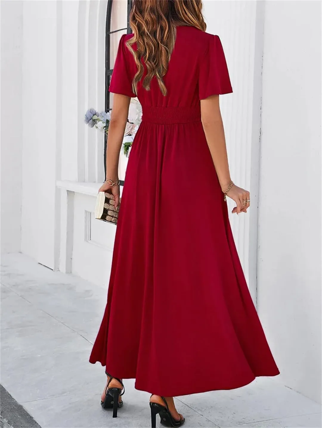 Short Sleeve Ruched Slim Fit Dress Women Deep V-Neck Summer Elegant Party Mini Dresses