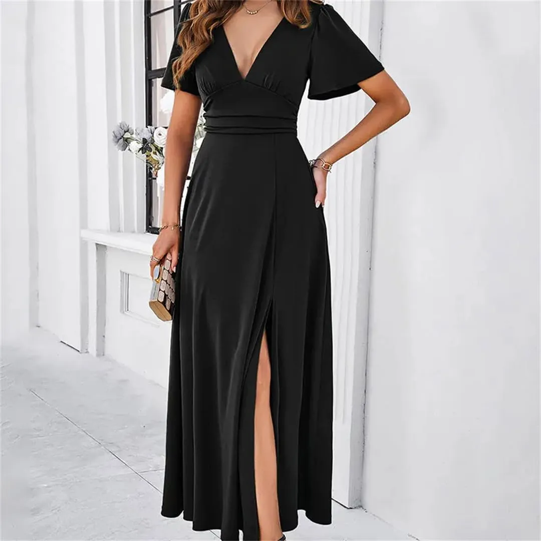 Short Sleeve Ruched Slim Fit Dress Women Deep V-Neck Summer Elegant Party Mini Dresses