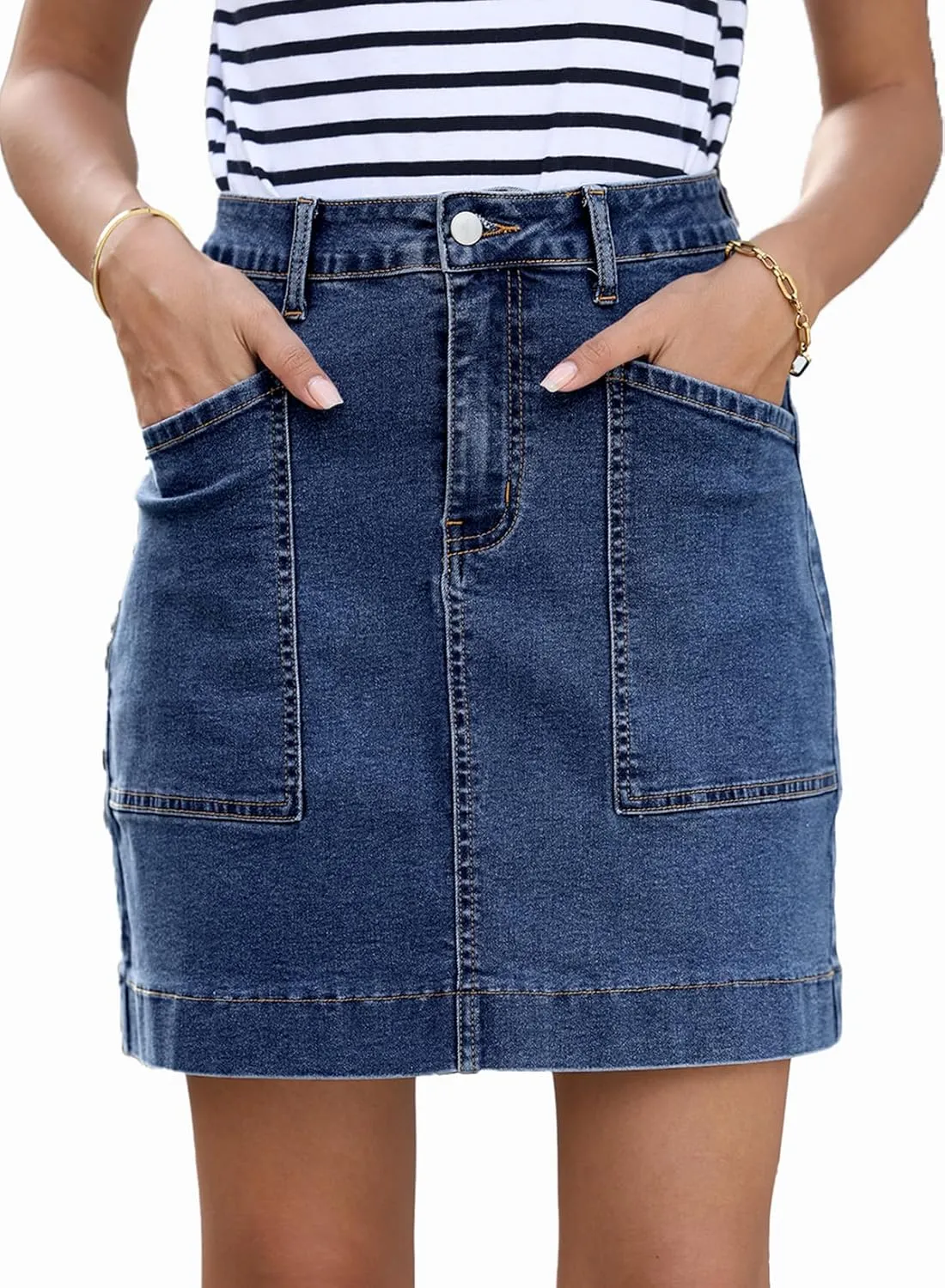 Sidefeel Women's Jean Skirt High Waisted Stretch Casual Summer Zimbaplatinum Denim Skirt with Pockets