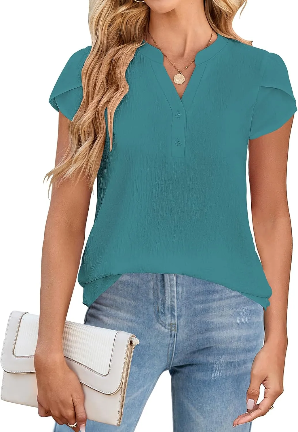 SimpleFun Womens Dressy Casual Tops Petal Short Sleeve Work Blouses Business V Neck Button Down Shirts