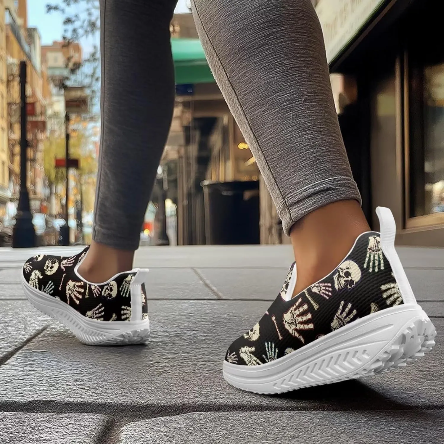 Skull Design Women's Slip-On Platform Loafers Mesh Non-Slip Rocker Bottom Sneakers Standing All Day Comfort