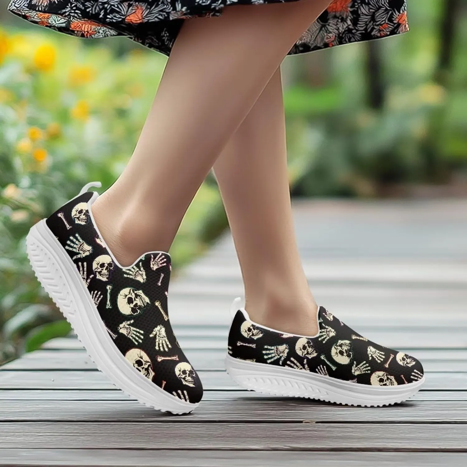 Skull Design Women's Slip-On Platform Loafers Mesh Non-Slip Rocker Bottom Sneakers Standing All Day Comfort
