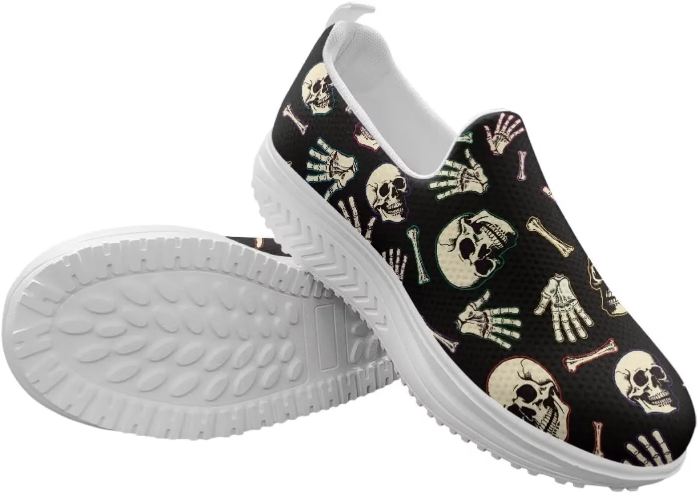 Skull Design Women's Slip-On Platform Loafers Mesh Non-Slip Rocker Bottom Sneakers Standing All Day Comfort